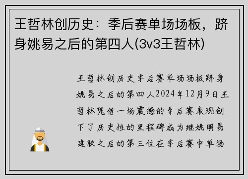 王哲林创历史：季后赛单场场板，跻身姚易之后的第四人(3v3王哲林)
